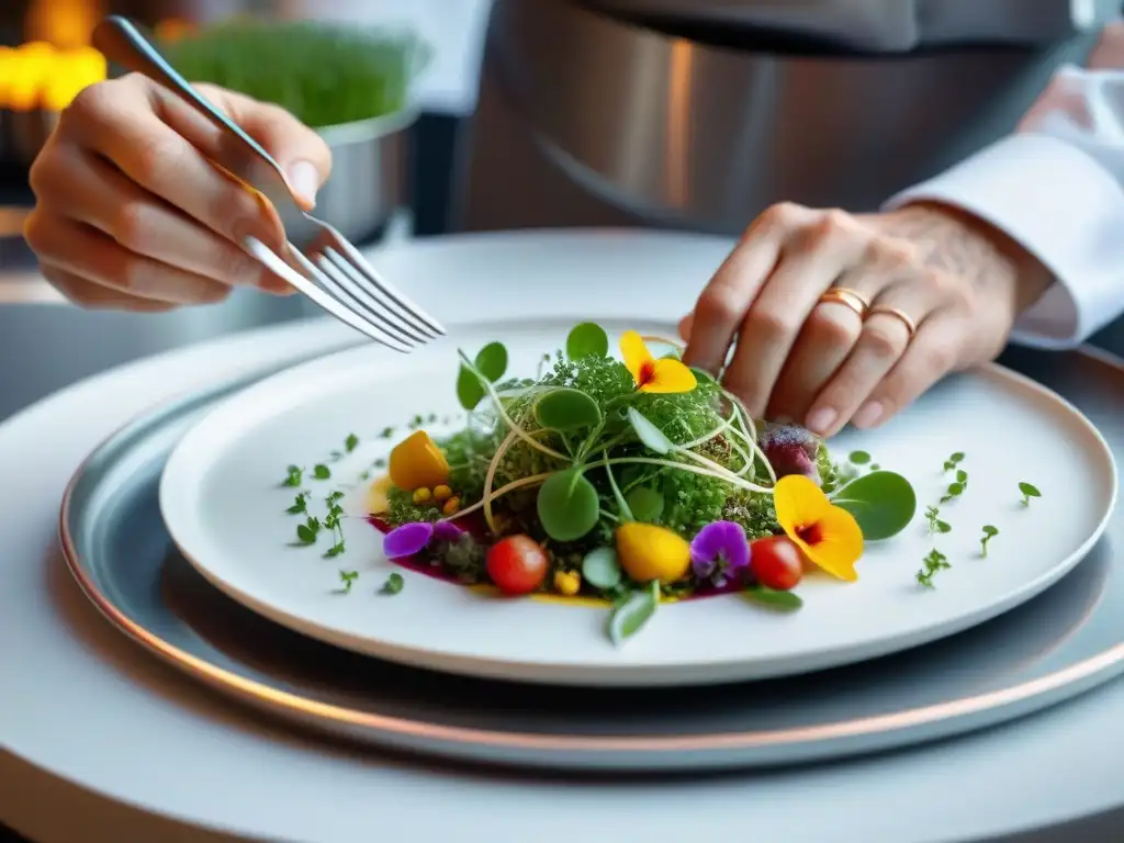 Un chef francés meticuloso creando una presentación de plato exquisita con ingredientes coloridos