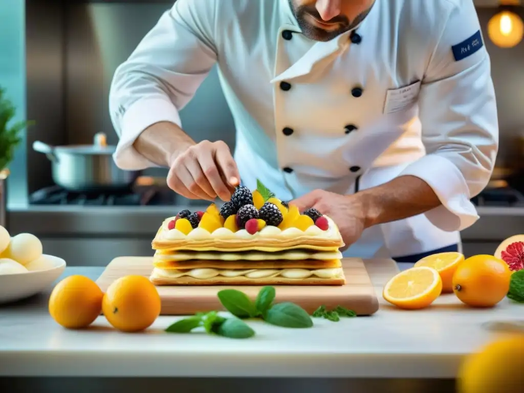 Chef francés creando millefeuille en cocina parisina