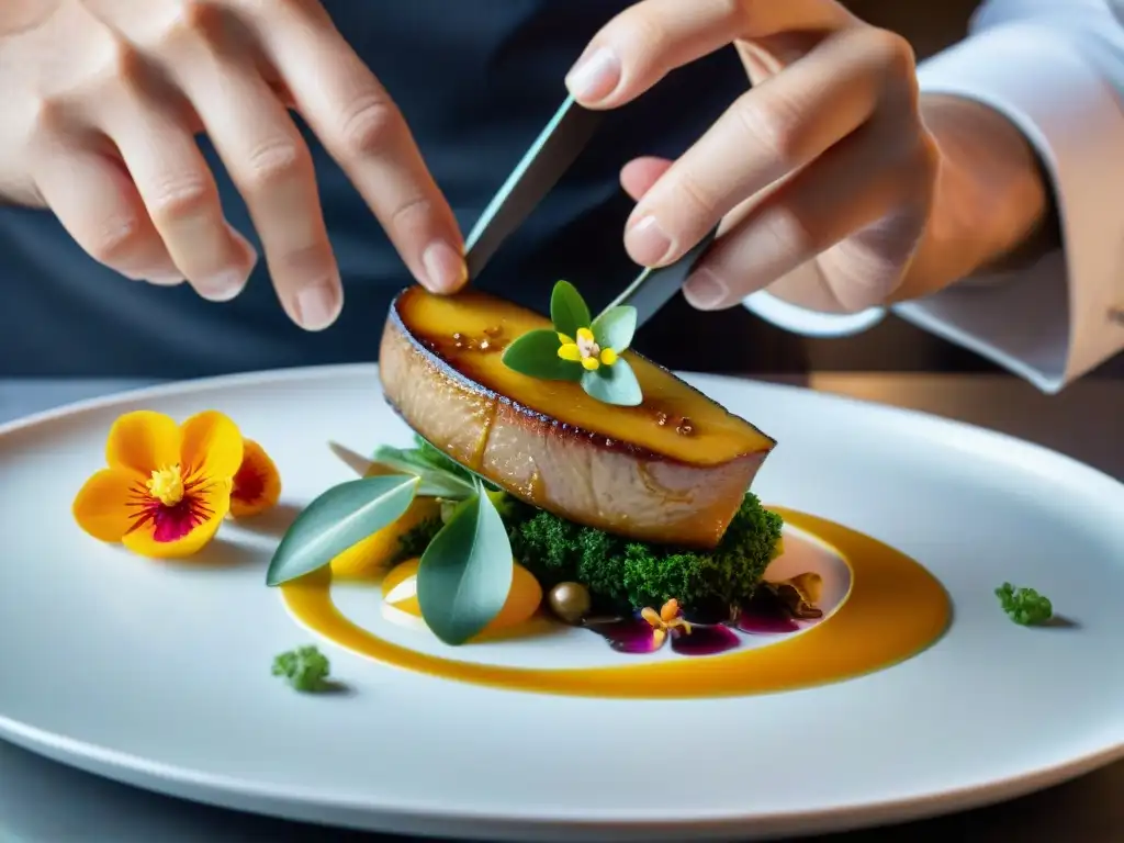 Chef francés creando una obra maestra culinaria con foie gras, fusionando técnicas tradicionales francesas con sabores asiáticos innovadores