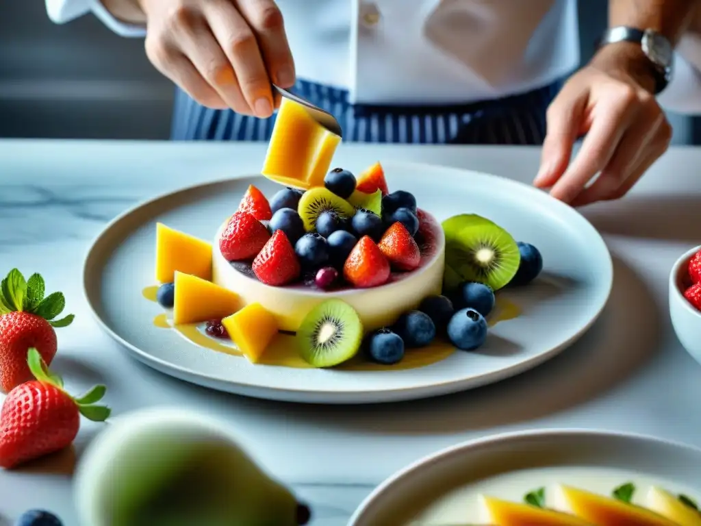 Chef francés creando una obra maestra de frutas con texturas en la cocina francesa