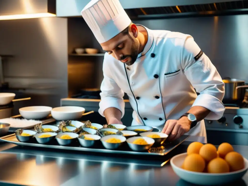 Un chef francés preparando ostras gratinadas en una cocina elegante