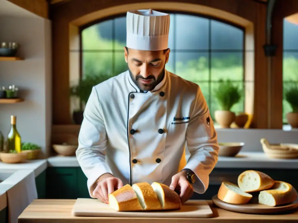 Un chef francés transformando pan viejo en Recetas creativas pan viejo francés en una cocina tradicional