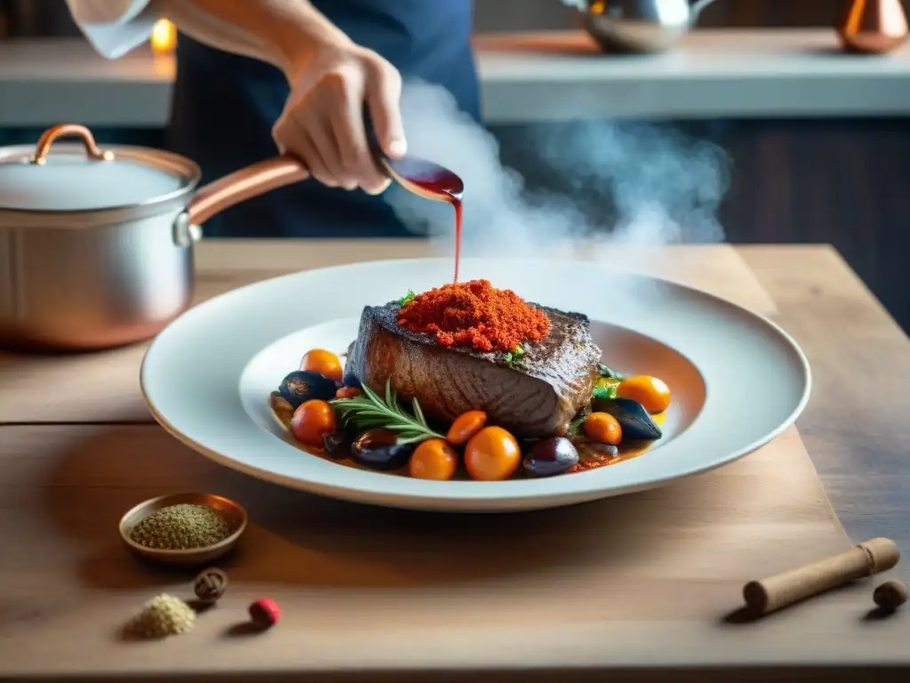 Un chef francés espolvoreando paprika en un Coq au Vin