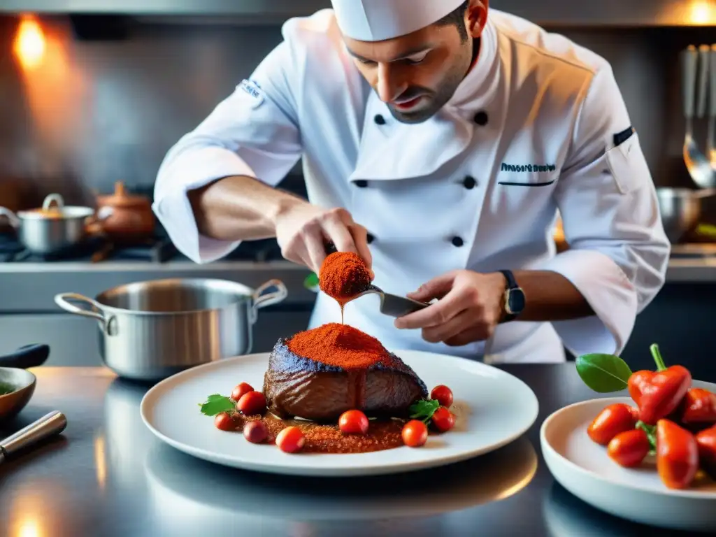 Un chef francés espolvoreando paprika rojo sobre Coq au Vin en una bulliciosa cocina francesa