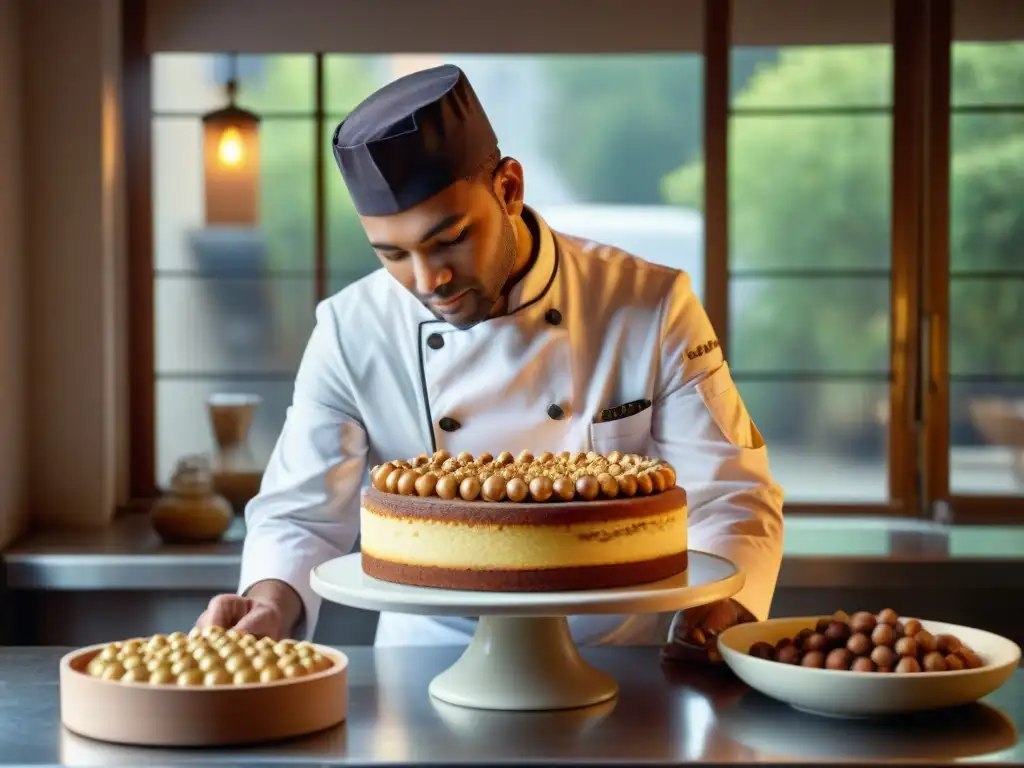 Chef francés elaborando pastel de avellana en una pastelería parisina