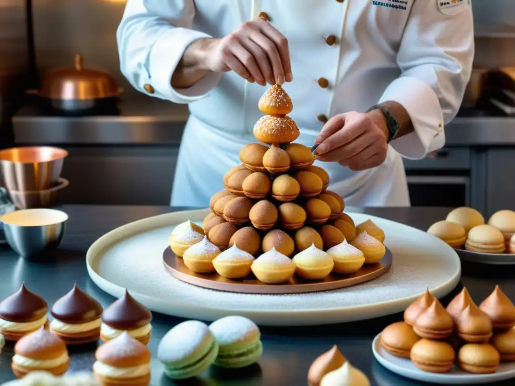 Un chef francés elaborando un croquembouche en una pastelería, uniendo precisión y arte culinario