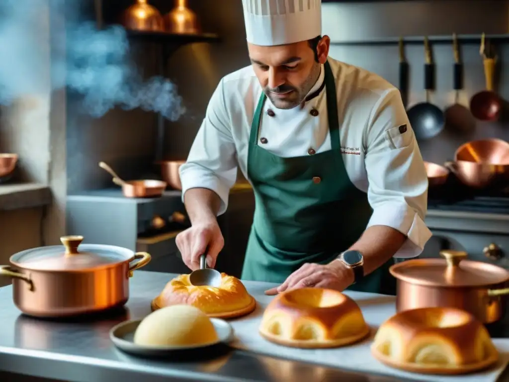 Un chef francés elaborando pastelería en cocina antigua: Técnicas culinarias ancestrales en Francia