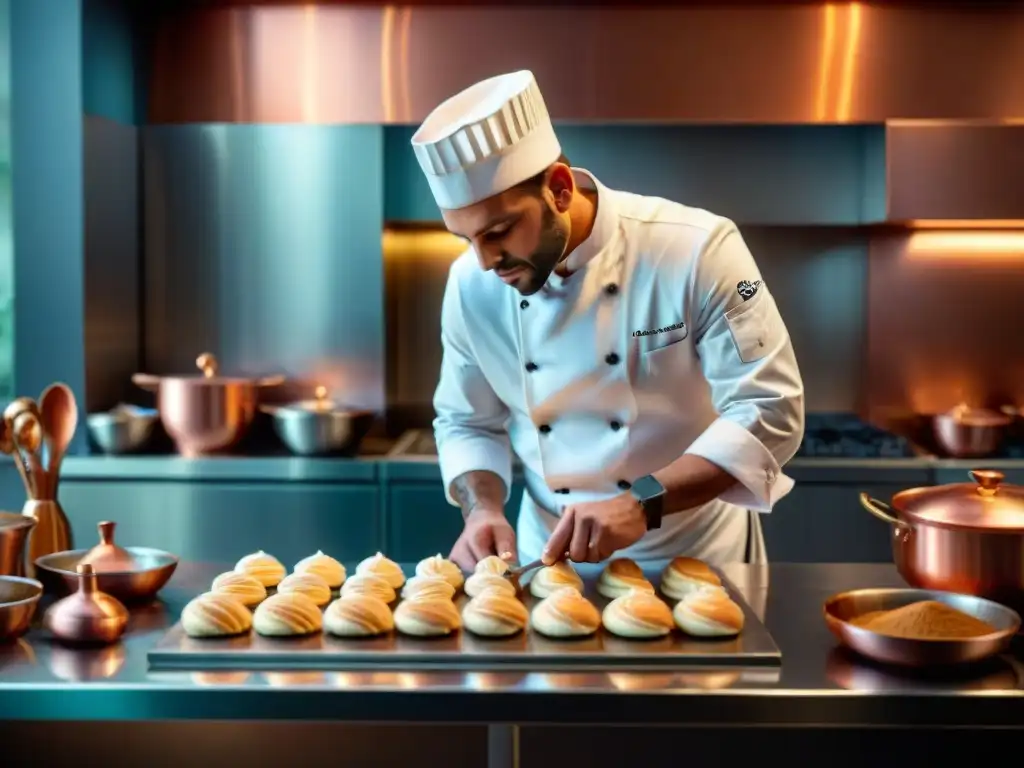 Un chef francés elaborando pastelería rodeado de utensilios de cocina tradicionales