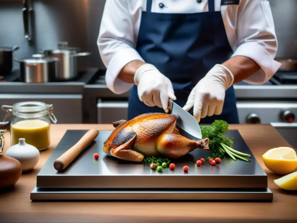 Un chef francés deshuesando un pato con precisión y destreza, mostrando técnicas de cocina francesa avanzadas