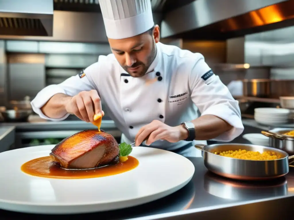 Un chef francés preparando Pato a la Naranja en su cocina, rodeado de movimiento y precisión gastronómica