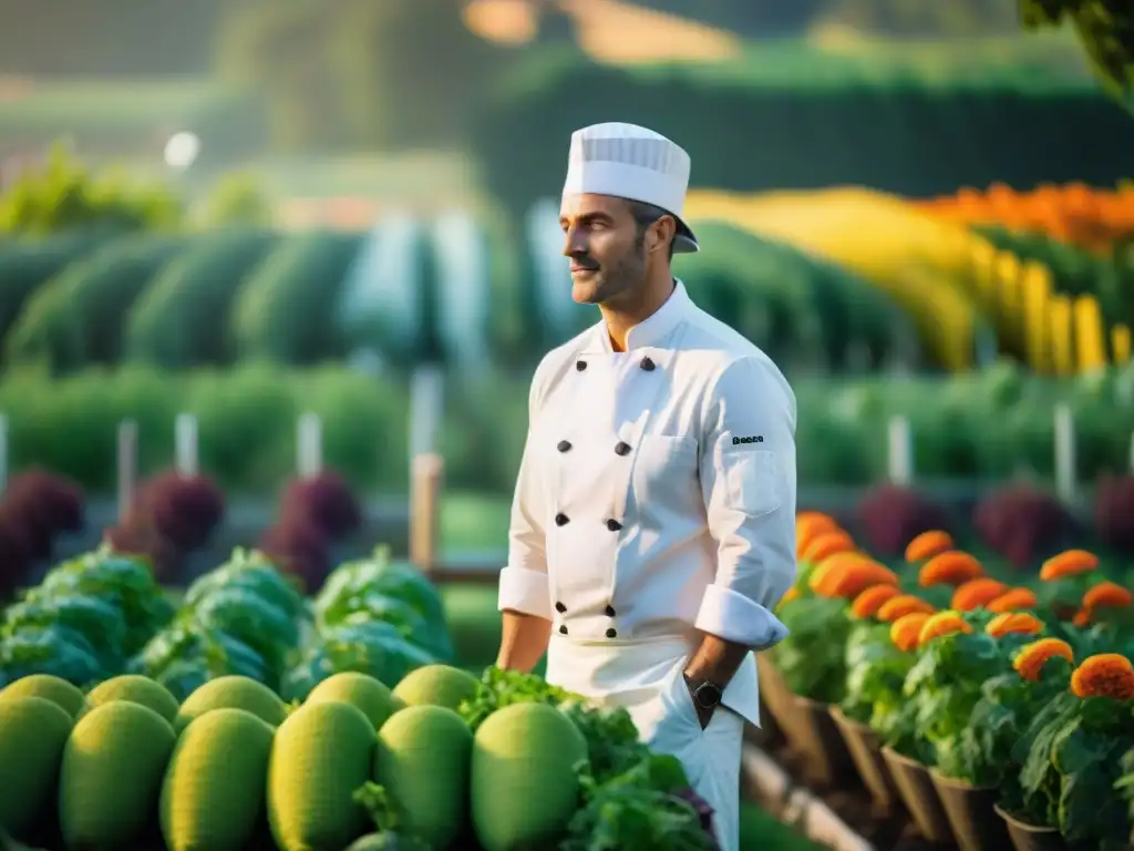 Un chef francés en un jardín permacultural, seleccionando hierbas y vegetales frescos bajo el cálido sol