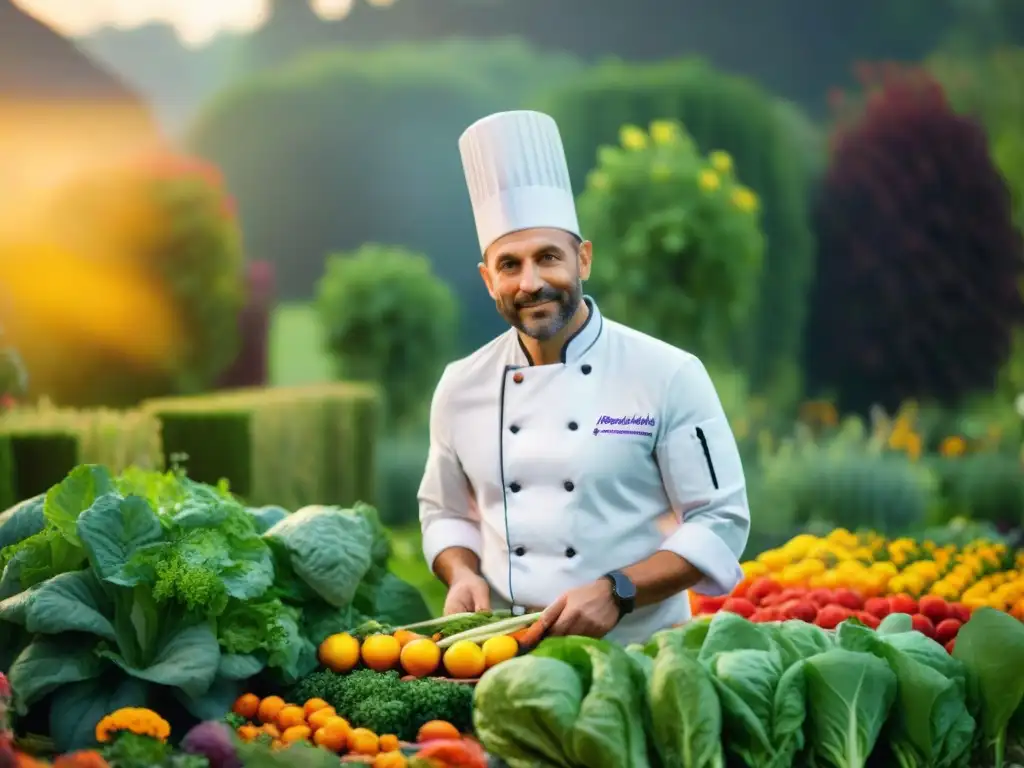 Un chef francés en un jardín permacultural arregla verduras frescas con arte y pasión al atardecer