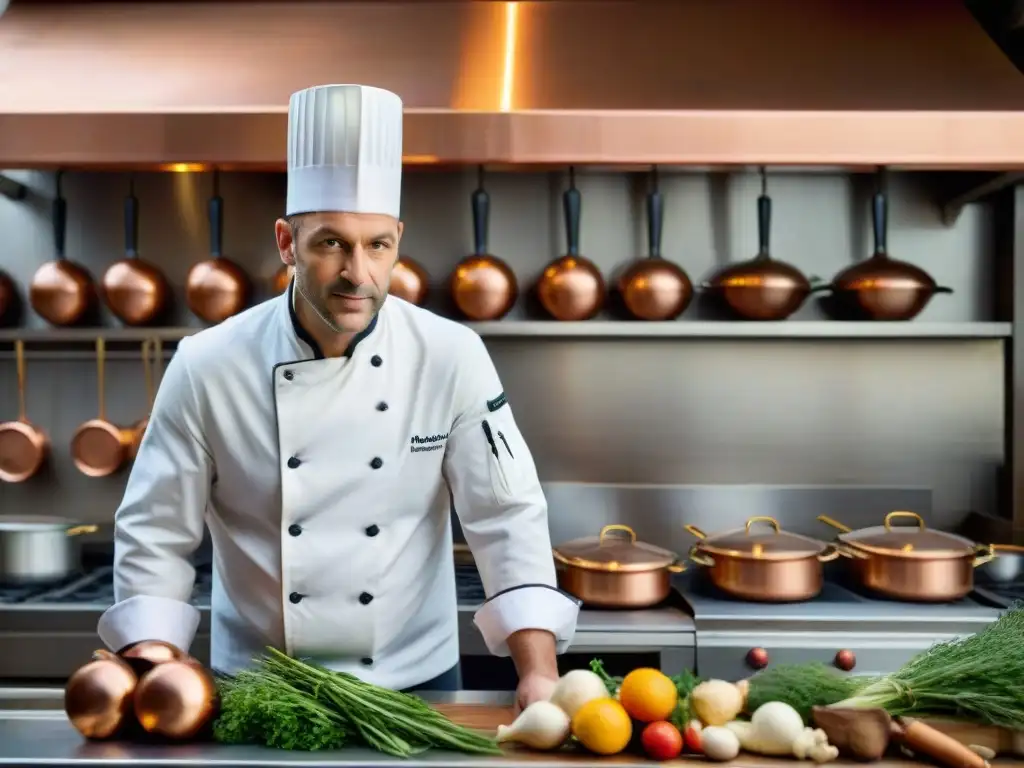 Un chef francés fileteando pescado en una cocina parisina, mostrando determinación y creatividad