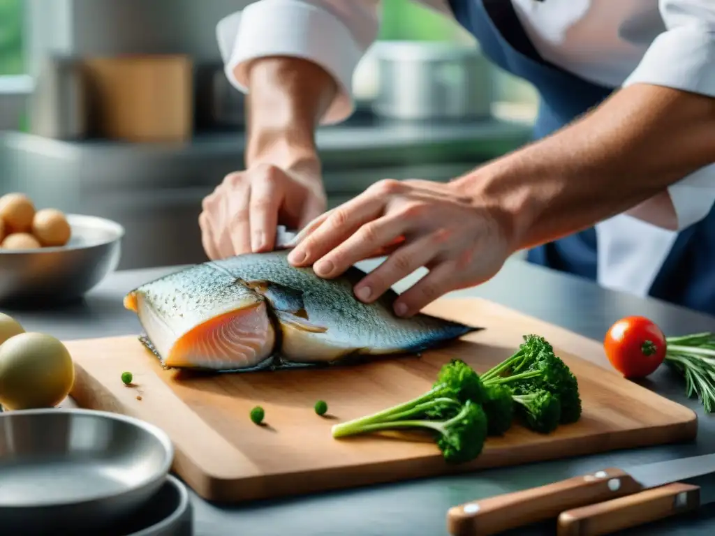 Un chef francés fileteando un pescado fresco con precisión y enfoque, en una cocina cero desperdicios