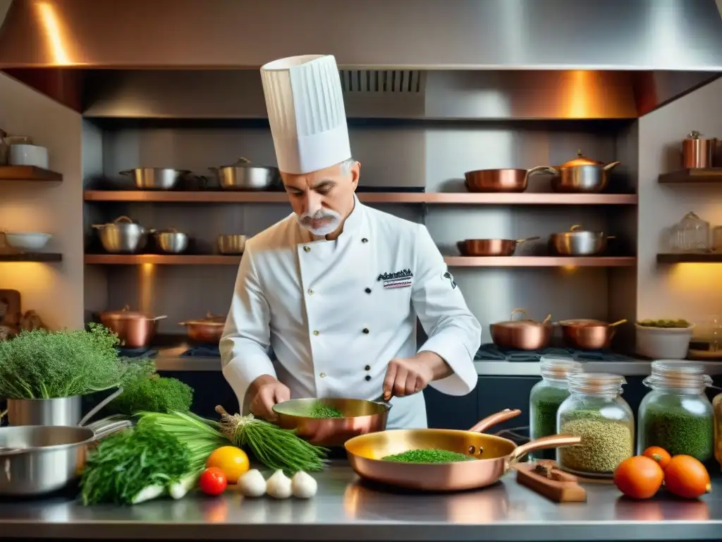 Un chef francés preparando un plato clásico con maestría en una cocina parisina tradicional