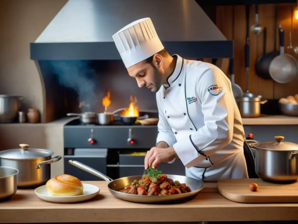 Un chef francés preparando un plato clásico con atención a los detalles en una cocina tradicional francesa