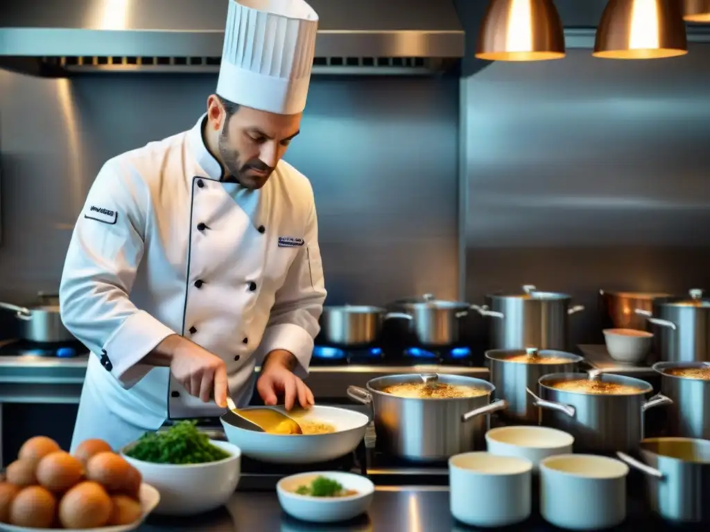 Un chef francés preparando con maestría un plato en una cocina profesional, destacando la fusión de tecnología y tradición culinaria