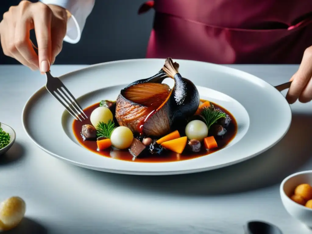 Chef francés elaborando un plato de coq au vin deconstruido, fusionando tradición e innovación en la cocina francesa tradicional innovadora