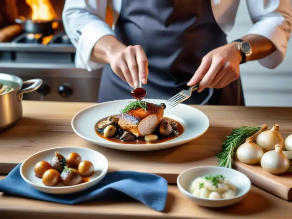 Un chef francés plato Coq au Vin en cocina rústica