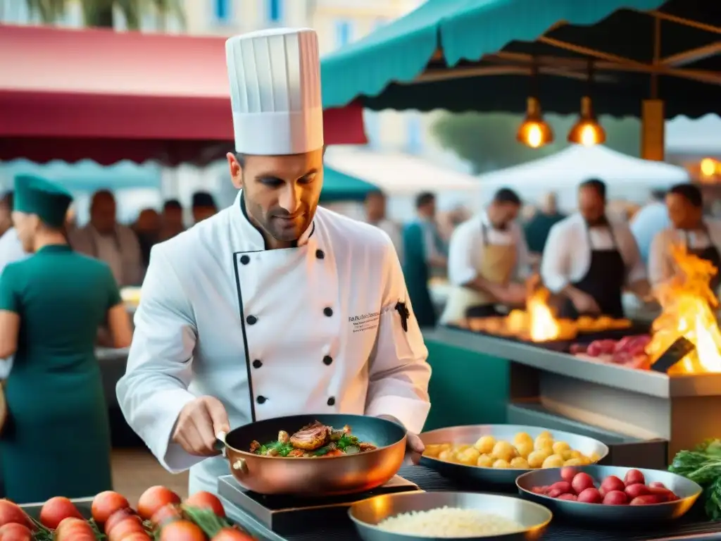 Un chef francés preparando plato decadente en mercado durante Festival de Cannes; elegancia y maestría culinaria