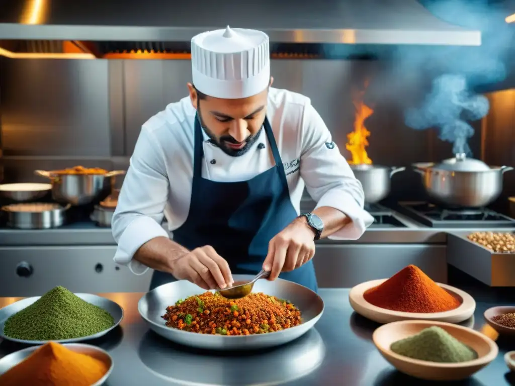 Un chef francés preparando un plato que fusiona especias árabes con innovaciones culinarias francesas en una cocina creativa