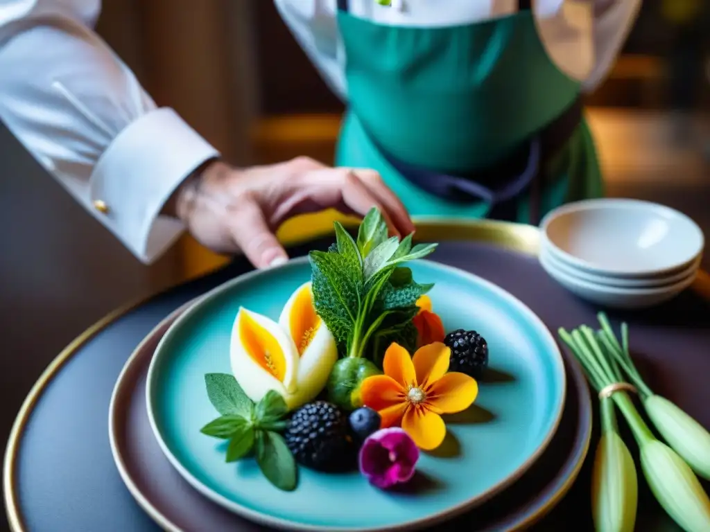 Chef francés decorando plato con flores comestibles y frutas frescas, evocando la primavera