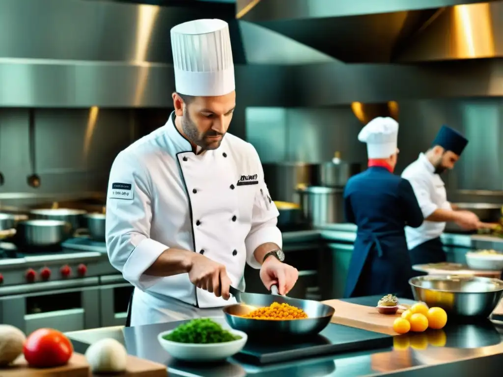 Un chef francés preparando plato fusión en cocina moderna, influido por cocina global