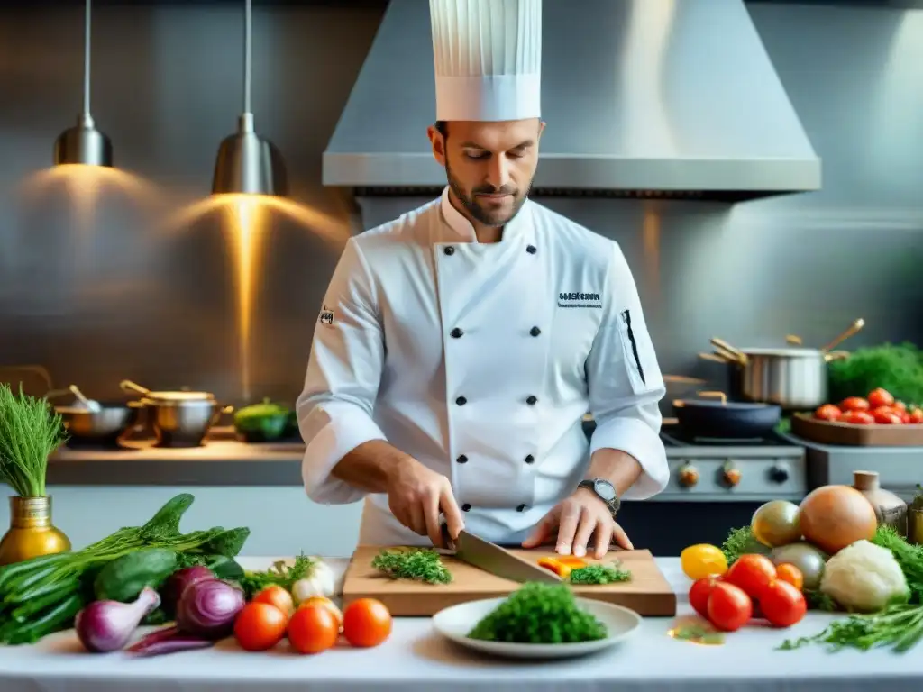 Un chef francés preparando un plato gourmet con ingredientes orgánicos, en un ambiente tradicional y sostenible