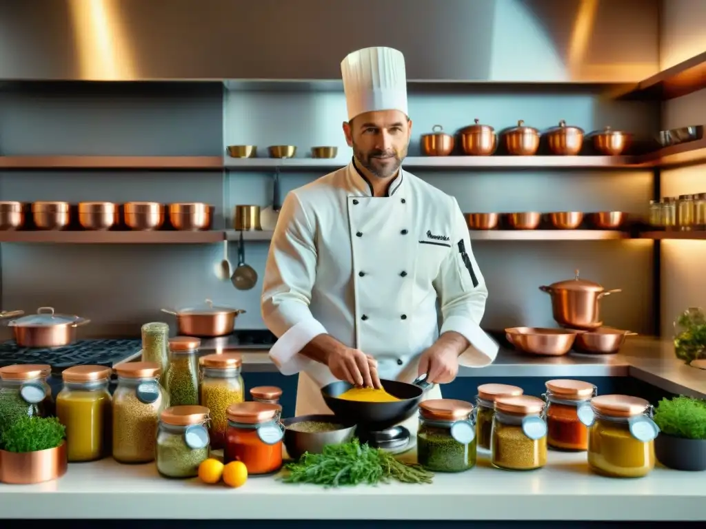 Un chef francés preparando un plato gourmet con mostaza Dijon en una cocina elegante