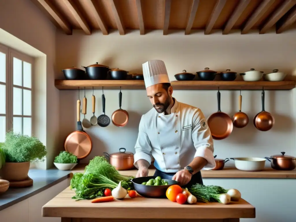 Un chef francés preparando un plato con ingredientes olvidados en una cocina rústica llena de utensilios de cobre y hierbas frescas