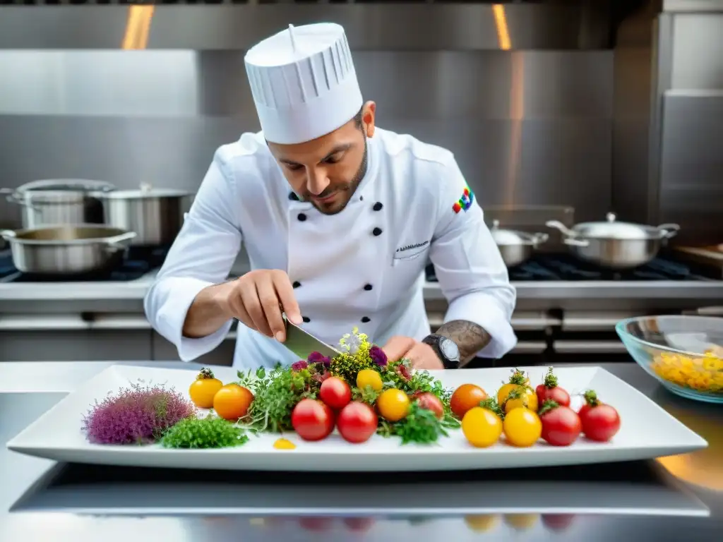 Un chef francés elaborando un plato innovador en una cocina profesional