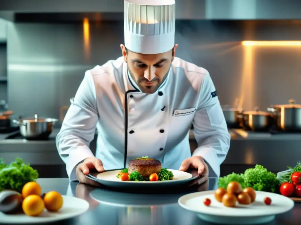 Chef francés creando plato innovador que fusiona gastronomía francesa con técnicas culinarias modernas en cocina elegante