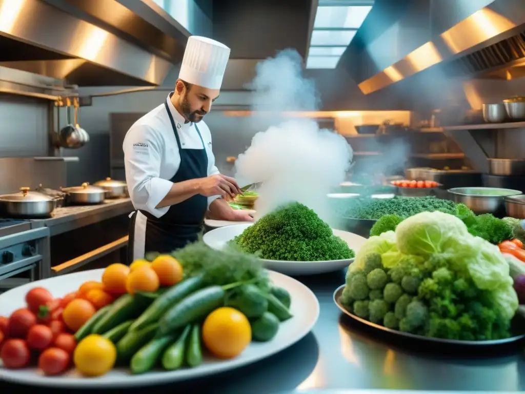 Chef francés creando plato innovador, destaca sostenibilidad en cocina