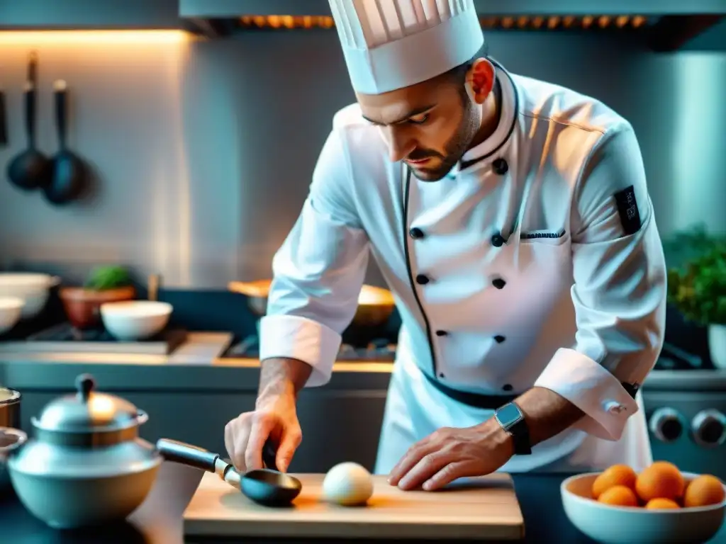 Un chef francés preparando plato innovador en cocina elegante