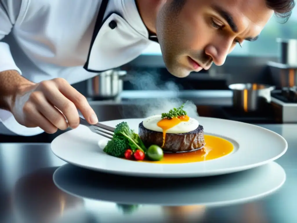 Chef francés creando plato moderno en cocina contemporánea