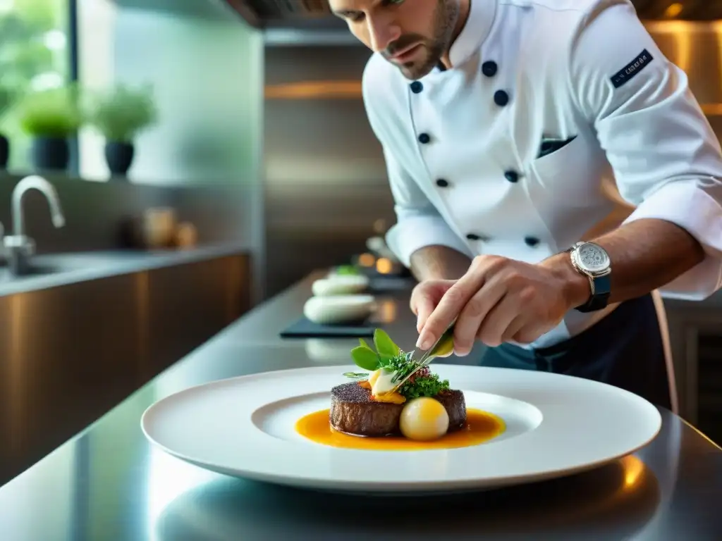 Chef francés creando plato moderno en cocina minimalista, reflejando innovaciones culinarias en la gastronomía francesa