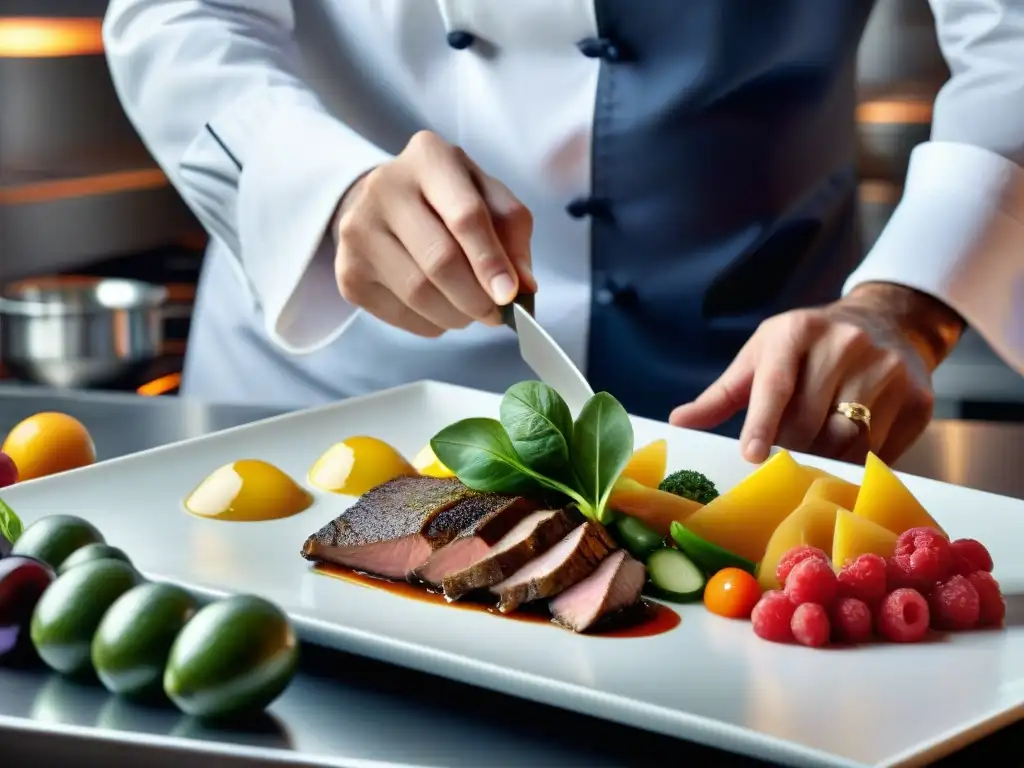 Chef francés creando plato saludable en cocina moderna, opción alta cocina francesa