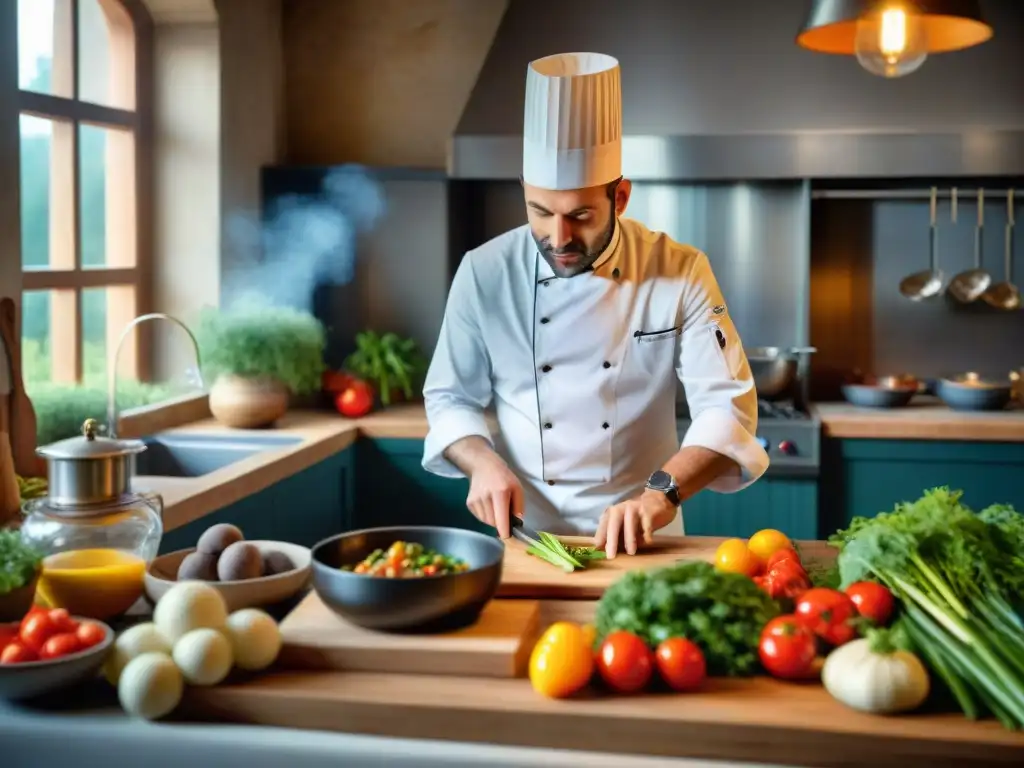 Un chef francés preparando un plato saludable en una cocina tradicional de Francia