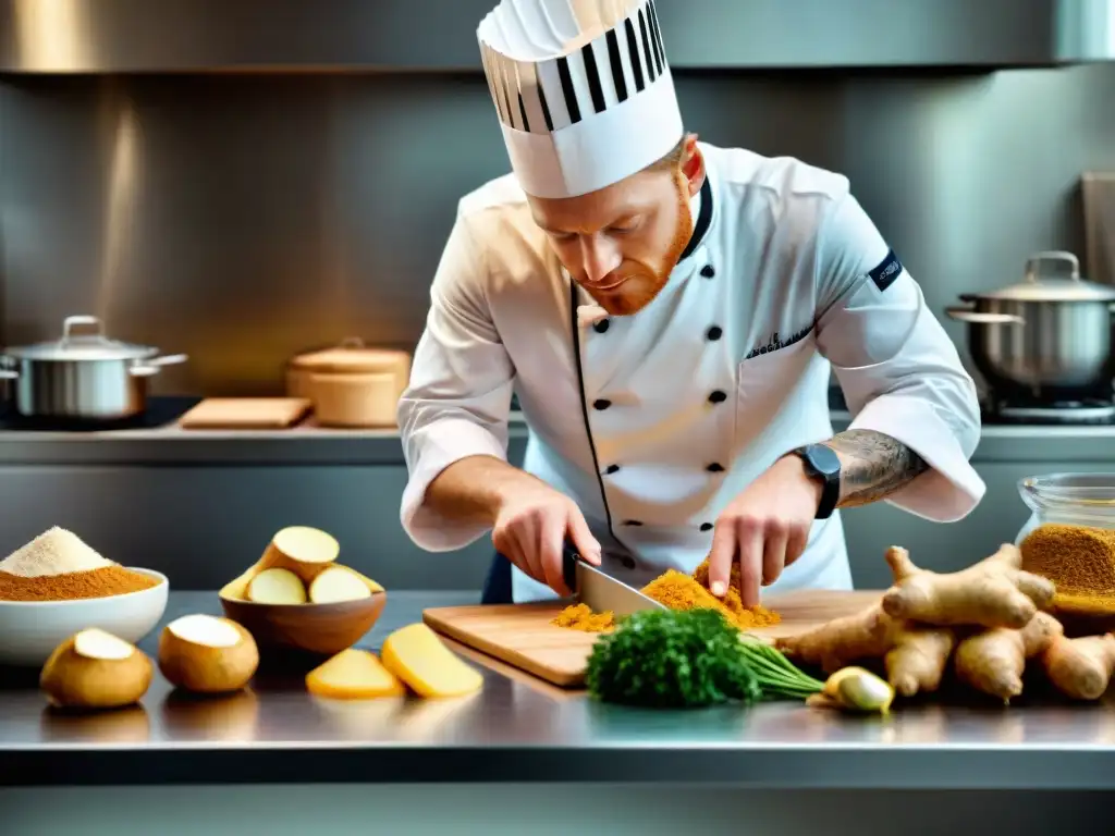 Un chef francés preparando un plato tradicional con raíz de jengibre en una cocina moderna