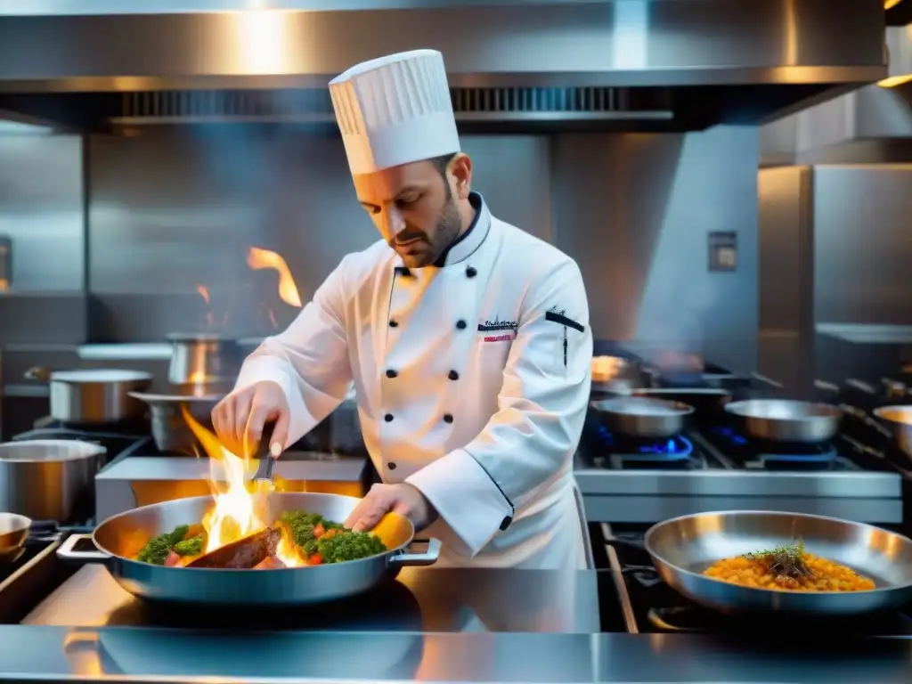 Chef francés flambeando un plato tradicional en cocina parisina, demostrando pasión y precisión