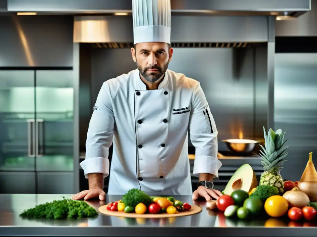 Chef francés innovando platos en cocina moderna con ingredientes frescos