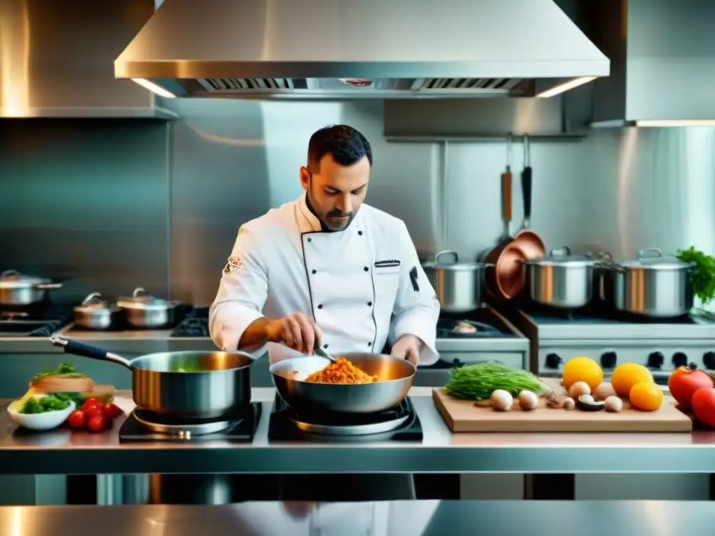 Un chef francés preparando platos de fusión culinaria francesa en una cocina bulliciosa