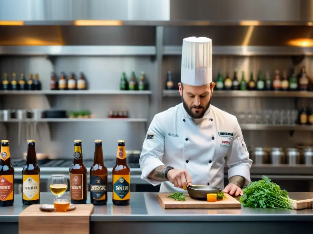 Un chef francés elaborando platos gourmet en una cocina moderna, rodeado de cervezas artesanales francesas