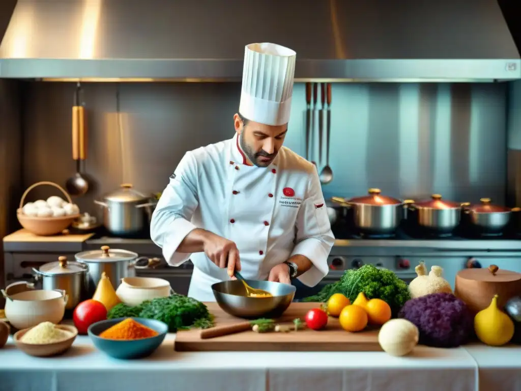 Chef francés decorando platos con ingredientes frescos en cocina tradicional