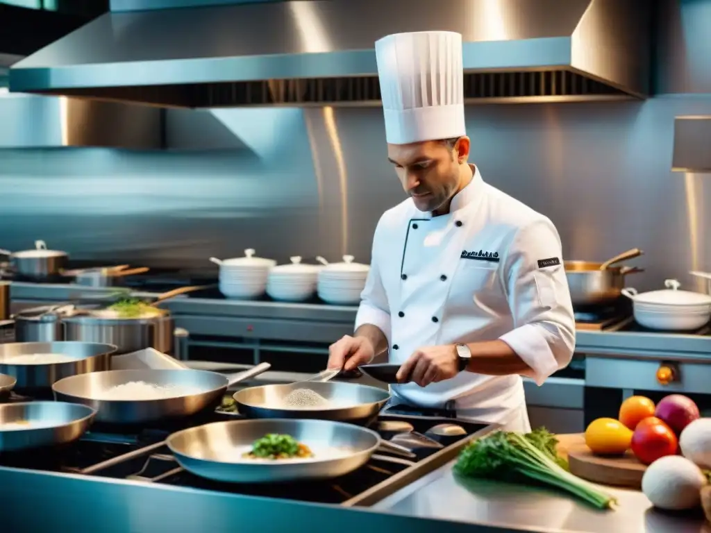 Un chef francés creando platos con innovación culinaria en Francia, rodeado de ingredientes y tecnología moderna