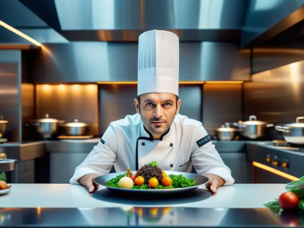 Un chef francés creando platos innovadores en una cocina vanguardista, simbolizando la evolución de la cocina francesa en lugares icónicos