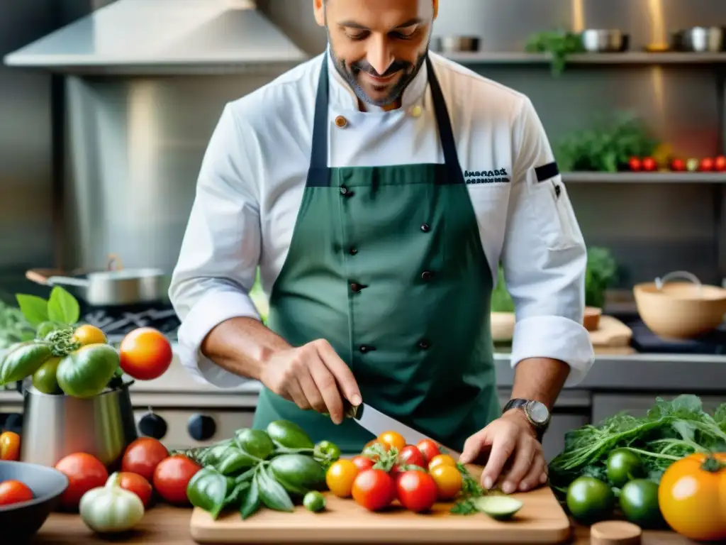 Un chef francés preparando platos innovadores con ingredientes frescos en una cocina tradicional