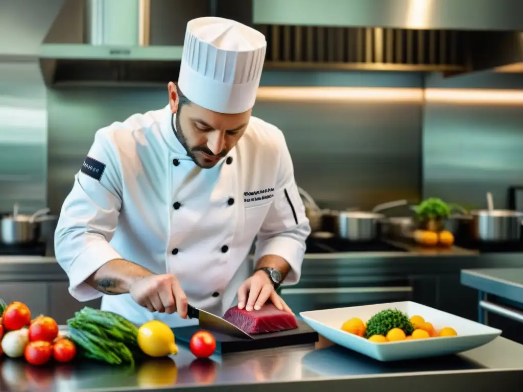 Un chef francés preparando platos innovadores cocina al vacío en una cocina moderna y vibrante