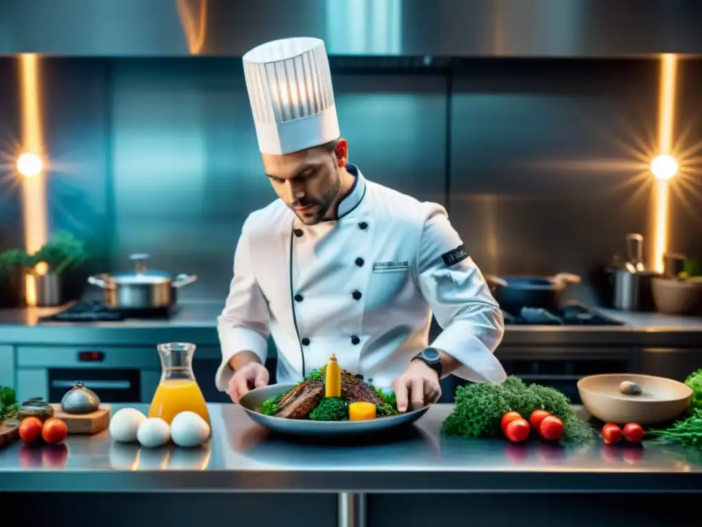 Un chef francés creando platos innovadores en una cocina moderna