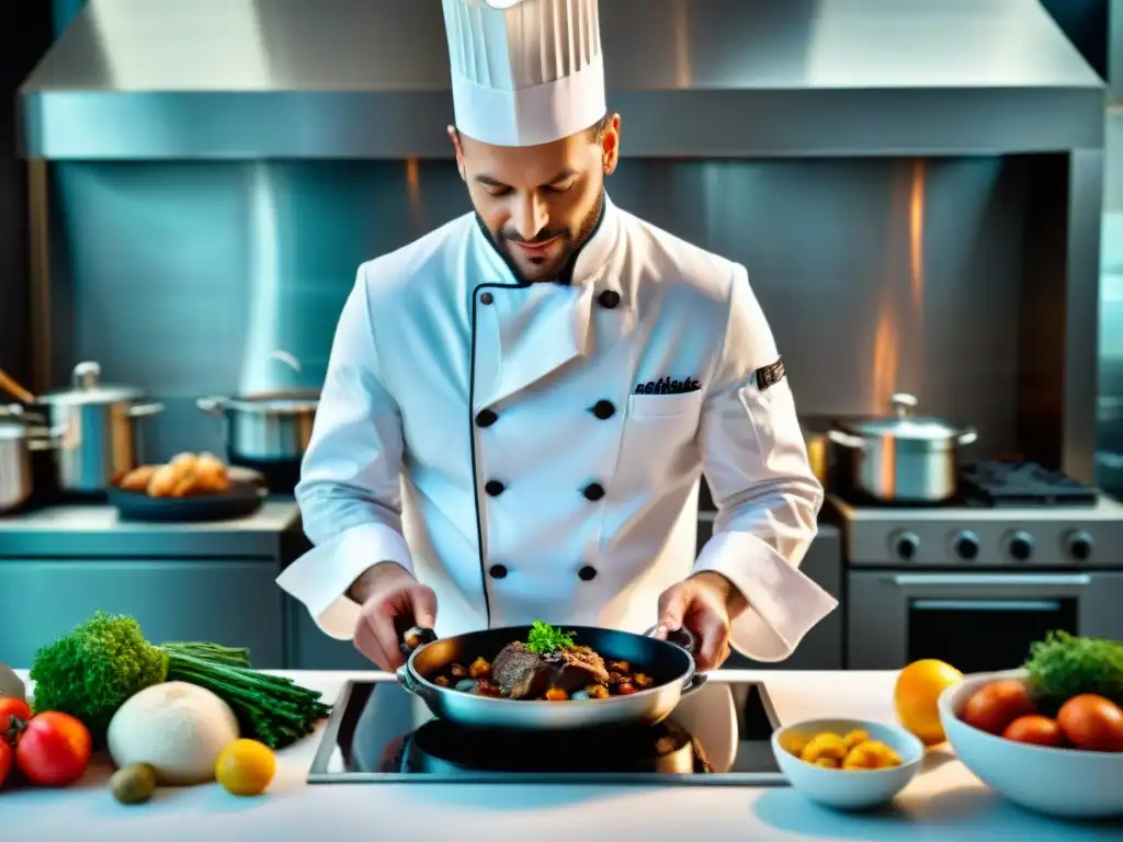 Chef francés innovando platos secretos en cocina de alta gama